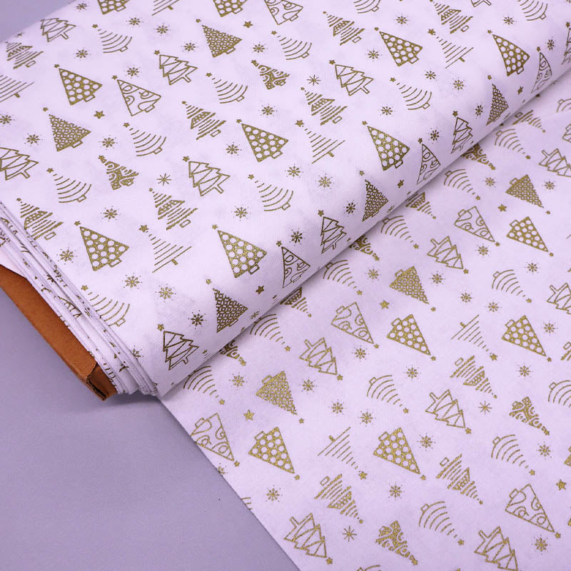 100% Cotton White Christmas Fabric - Gold Trees