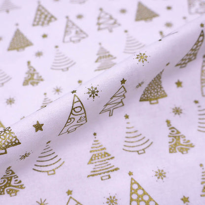 100% Cotton White Christmas Fabric - Gold Trees