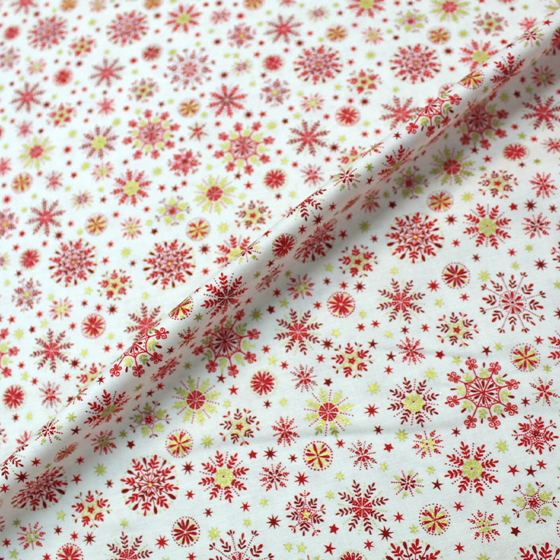 Cream Christmas cotton fabric red and Gold snowflakes