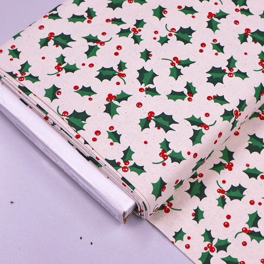 100% Cotton Cream Christmas Fabric - Holly Print