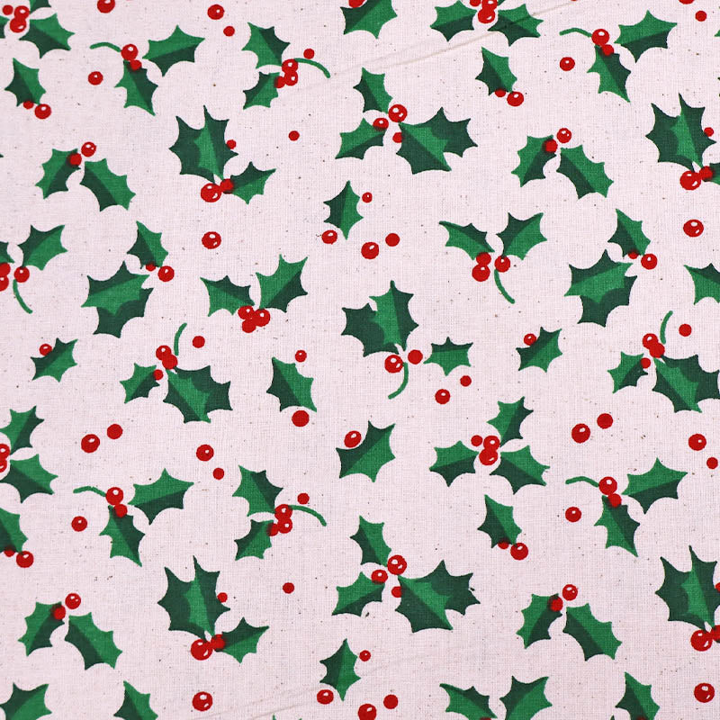 100% Cotton Cream Christmas Fabric - Holly Print