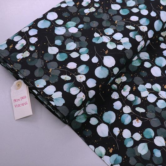 100% Viscose  Black Eucalyptus Print Viscose Fabric