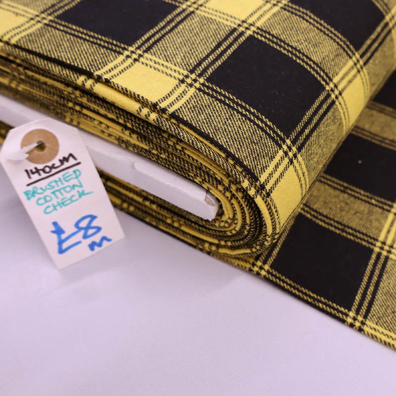 100% Cotton Brushed Cotton Check Fabric - Black and Yellow