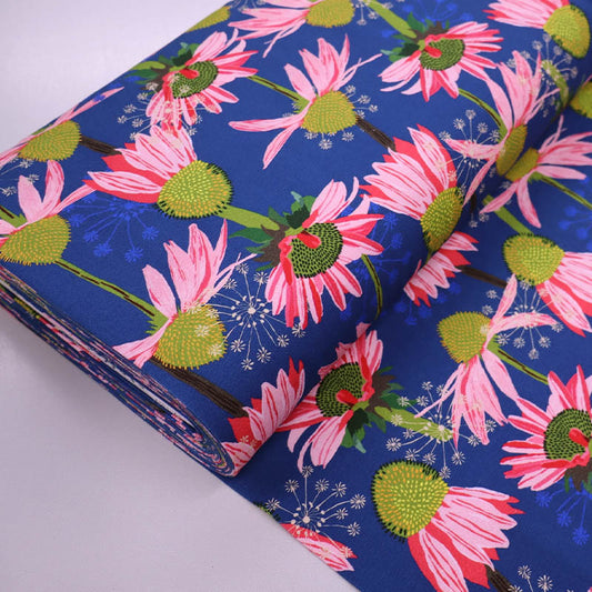 95% Cotton 5% Elastane Blue Floral Jersey Fabric - Pink Daisy