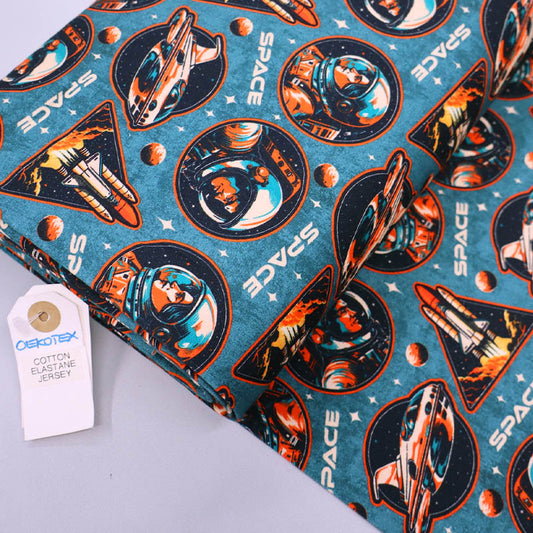 95% Cotton 5% Elastane Teal Jersey Fabric - Space Print