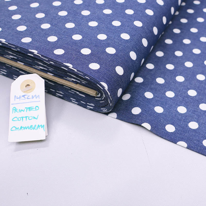 Dressmaking Cotton Indigo Dyed Chambray - Blue - White Spot