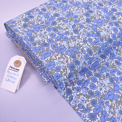 Blue Floral 100% Cotton Lawn Fabric - Petal