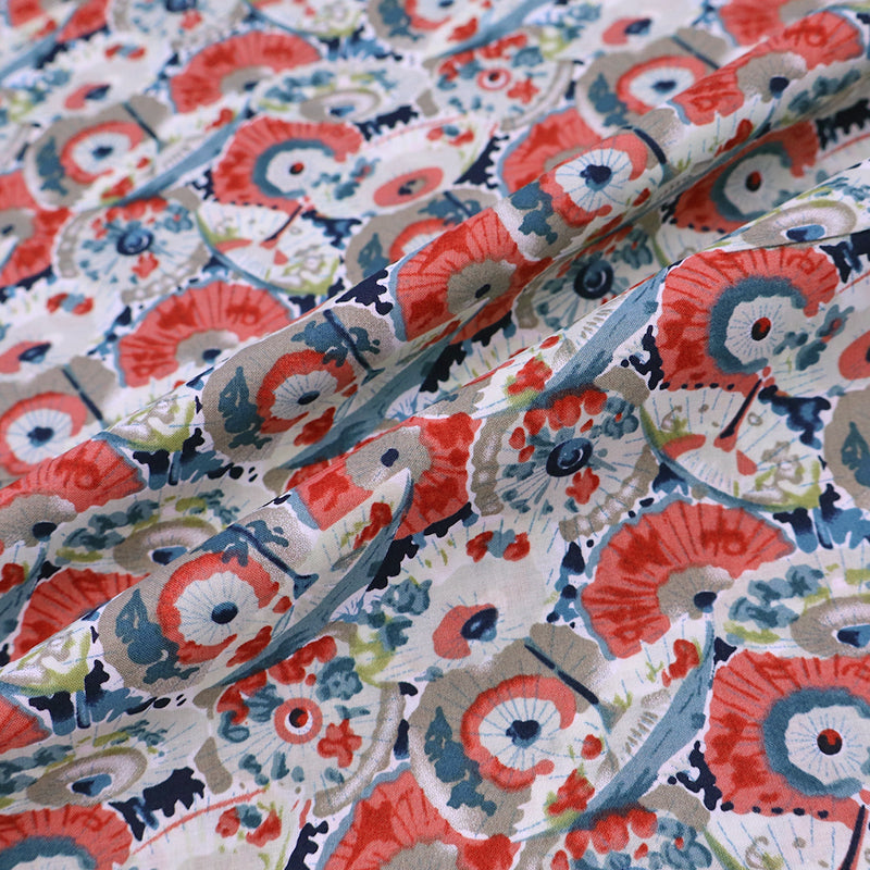 100% Cotton Red and Blue Floral Cotton Lawn Fabric