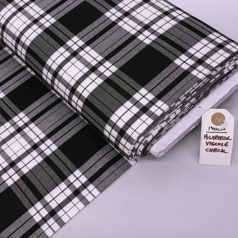 65% Polyester 35% Viscose Tartan Dressmaking Fabric - Black and White