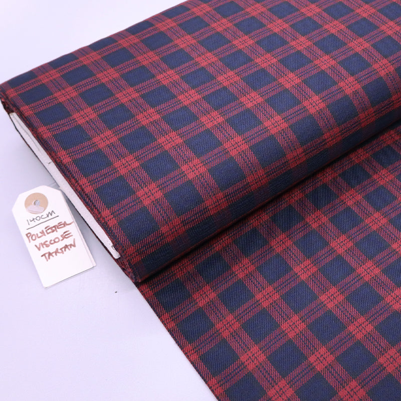 65% Polyester 35% Viscose Tartan Fabric - Burgundy and Navy