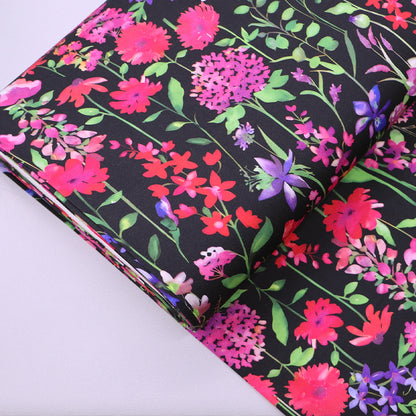 Dressmaking 100% Viscose Fabric - Black and Pink Floral Rhododendron