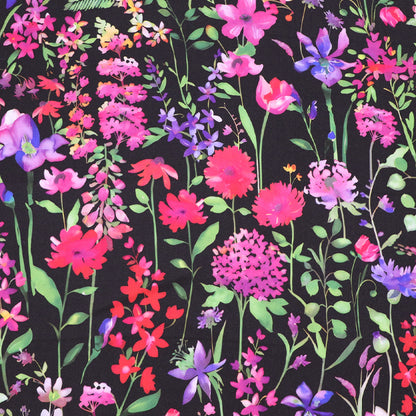 Dressmaking 100% Viscose Fabric - Black and Pink Floral Rhododendron