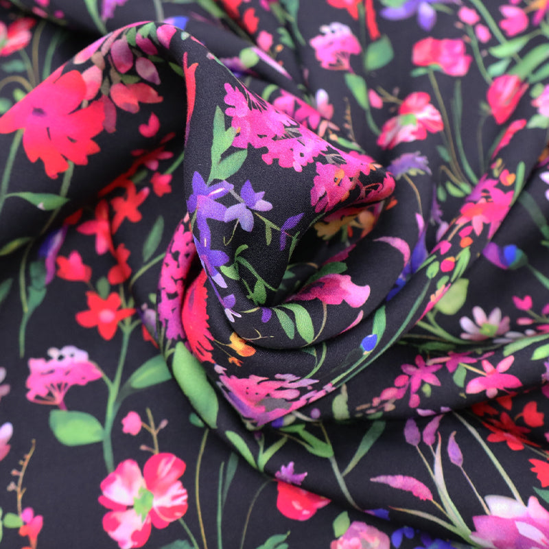 Dressmaking 100% Viscose Fabric - Black and Pink Floral Rhododendron