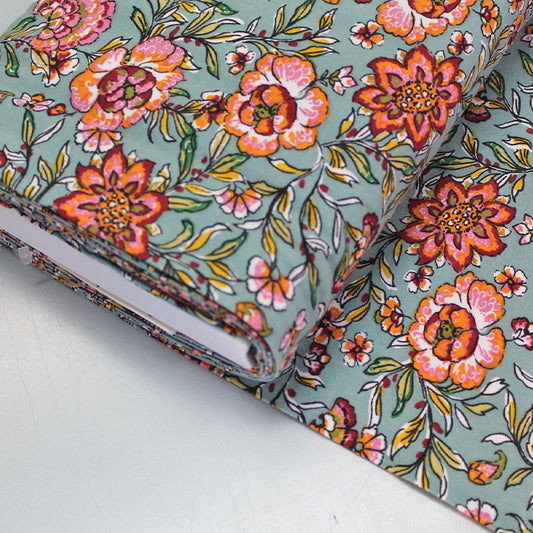 Green and Orange Floral Viscose Fabric