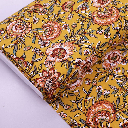 Dressmaking Viscose - Mustard- Orange Flowers