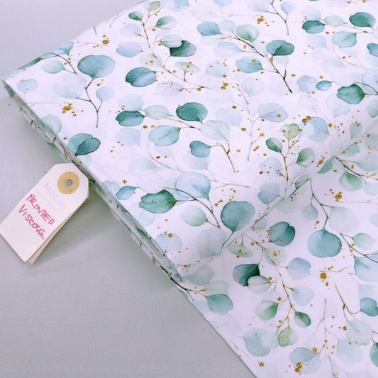 100% Viscose  White Eucalyptus Print Viscose Fabric