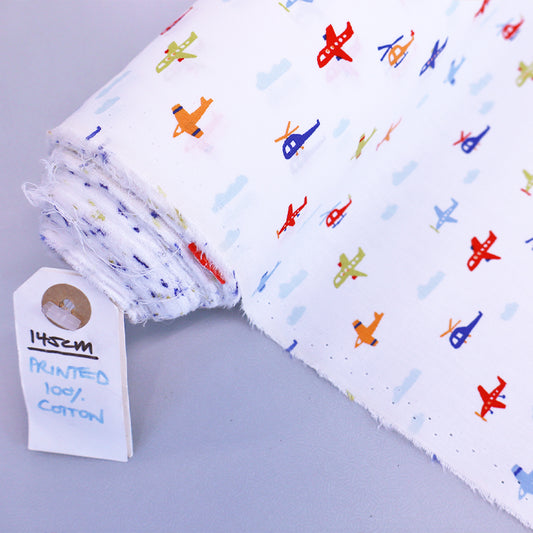 100% Cotton Children's Aircraft Print White Cotton Fabric