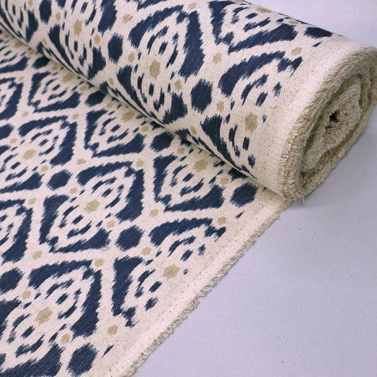 60% polyester, 32% cotton 8% linen
Navy Ikat Linen Mix Geometric Fabric