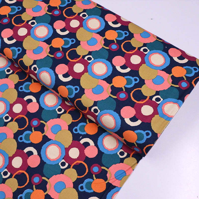 100% Cotton Navy Blue Needlecord Fabric - Multicolour Circle Print