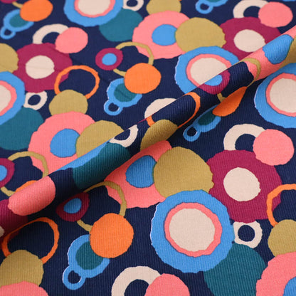 100% Cotton Navy Blue Needlecord Fabric - Multicolour Circle Print