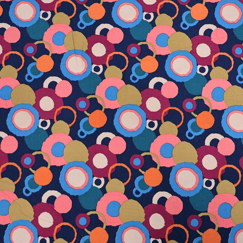 100% Cotton Navy Blue Needlecord Fabric - Multicolour Circle Print