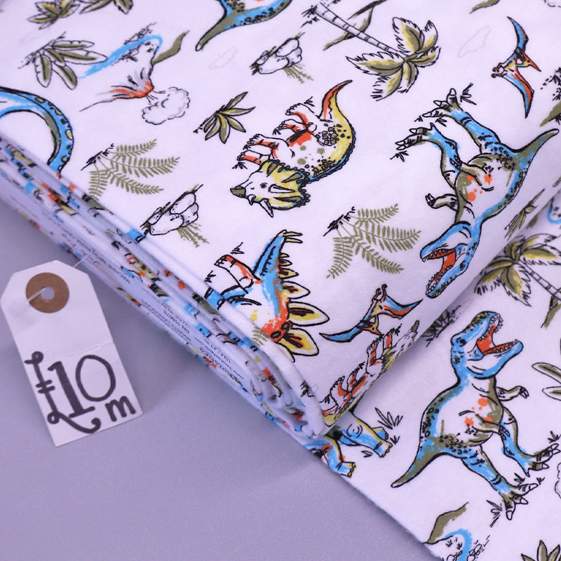 White flannel fabric 100% brushed cotton - children's dinosaur print