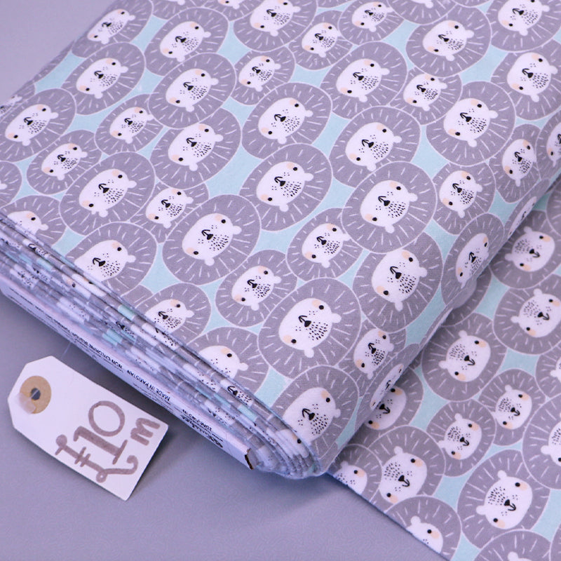 Novelty Brushed Cotton - Grey - Sleeping Lions