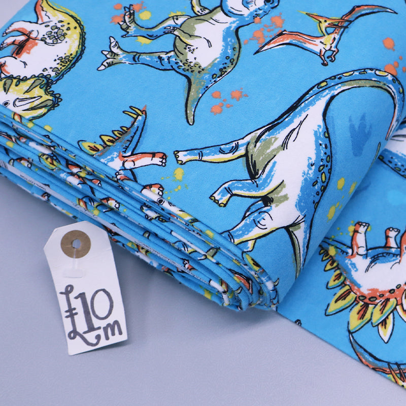 Blue 100% cotton flannel dinosaur print fabric