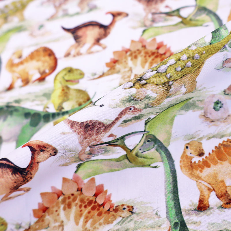 100% Cotton Children's Dinosaur Digitally Printed White Cotton Fabric