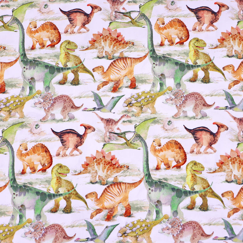 100% Cotton Children's Dinosaur Digitally Printed White Cotton Fabric