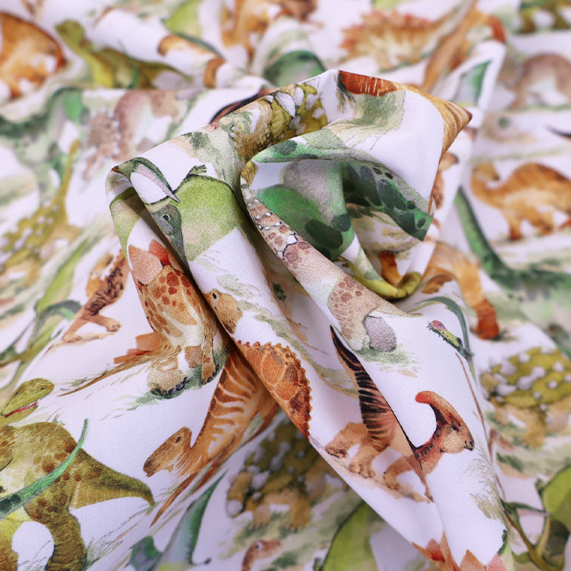 100% Cotton Children's Dinosaur Digitally Printed White Cotton Fabric