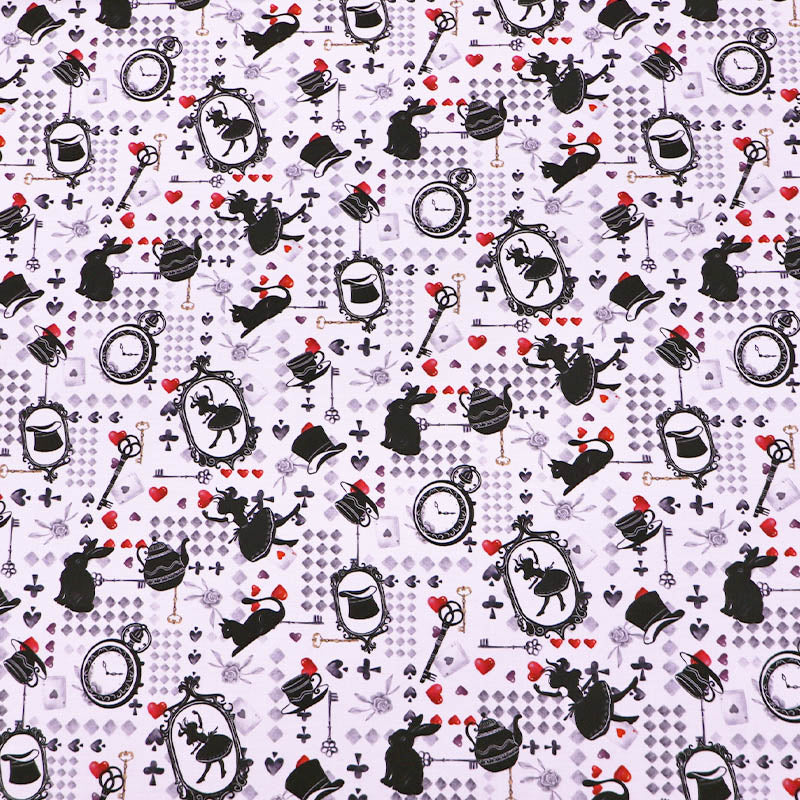 100% Cotton - Black and White - Alice in Wonderland - Red Hearts