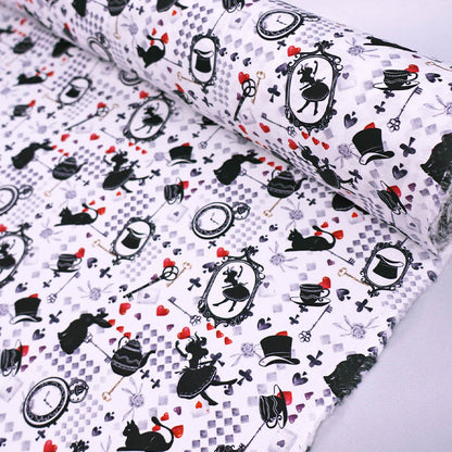 100% Cotton - Black and White - Alice in Wonderland - Red Hearts