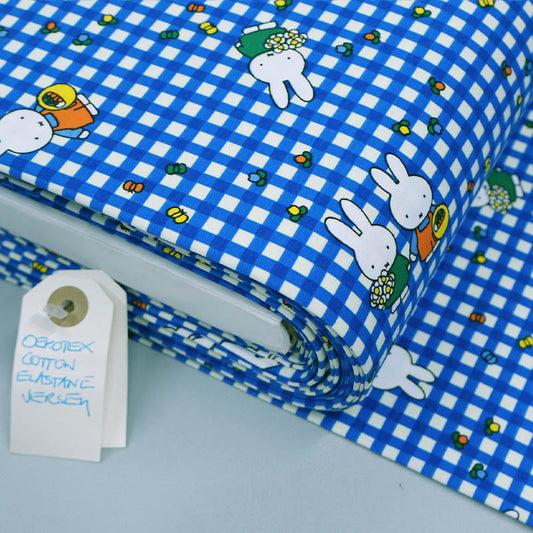 95% Cotton 5% Elastane Blue Check Children's Miffy Jersey Fabric