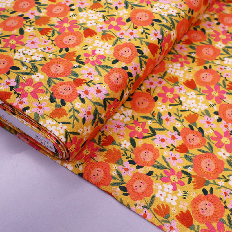 Novelty Printed 100% Cotton - Yellow 
 and Orange Happy Flowers