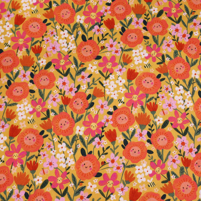 Novelty Printed 100% Cotton - Yellow 
 and Orange Happy Flowers