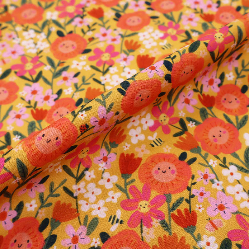 Novelty Printed 100% Cotton - Yellow 
 and Orange Happy Flowers