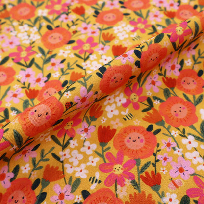 Novelty Printed 100% Cotton - Yellow 
 and Orange Happy Flowers