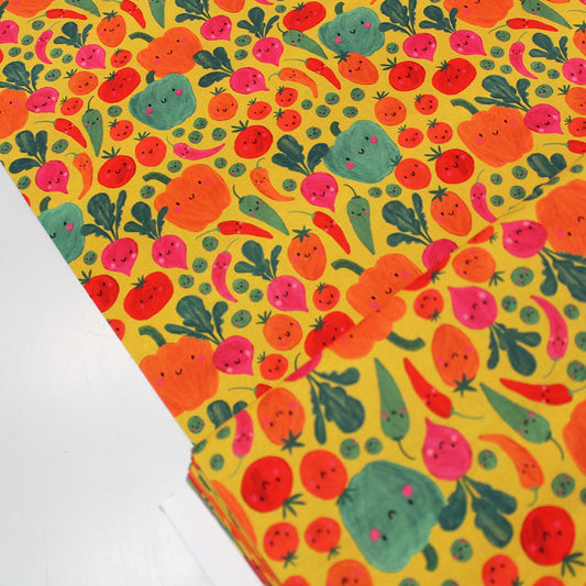 Yellow and Orange novelty cotton fabric Happy Veggies