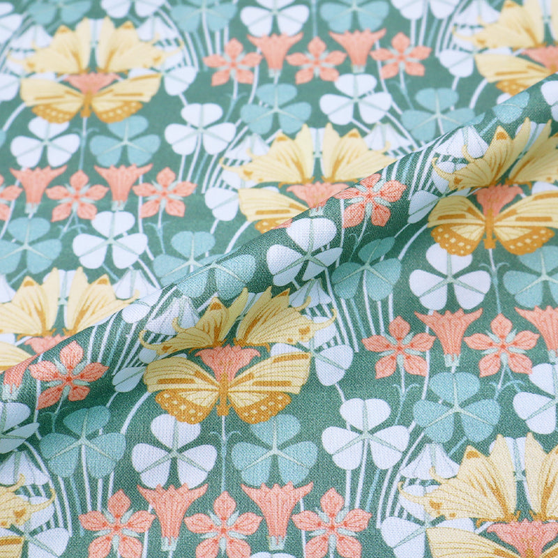 100% organic cotton floral Art Nouveau V&A fabric in green and pink