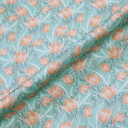 Art Nouveau V&A Green and Peach Tulip design Organic Cotton Fabric