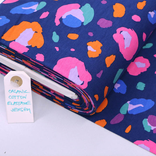 95% cotton 5% elastane Blue Leopard Print Jersey Fabric by Nerida Hansen