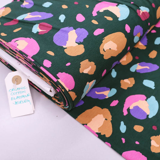 95% Cotton 5% Elastane Green Leopard Print Jersey Fabric by Nerida Hansen