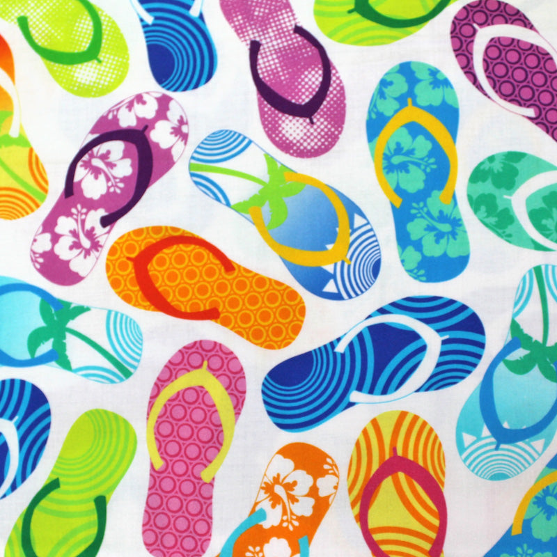 Cotton Quilting Fabric - White and brightly coloured Flip Flops