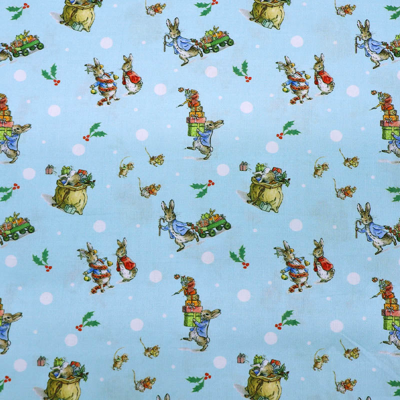 100% Cotton Peter Rabbit Christmas Fabric - Blue