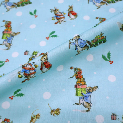 100% Cotton Peter Rabbit Christmas Fabric - Blue