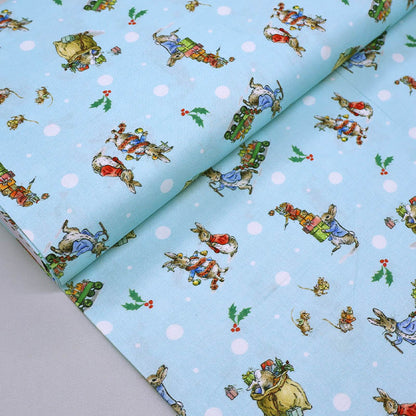 100% Cotton Peter Rabbit Christmas Fabric - Blue