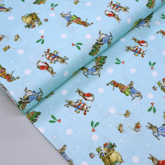 100% Cotton Peter Rabbit Christmas Fabric - Blue