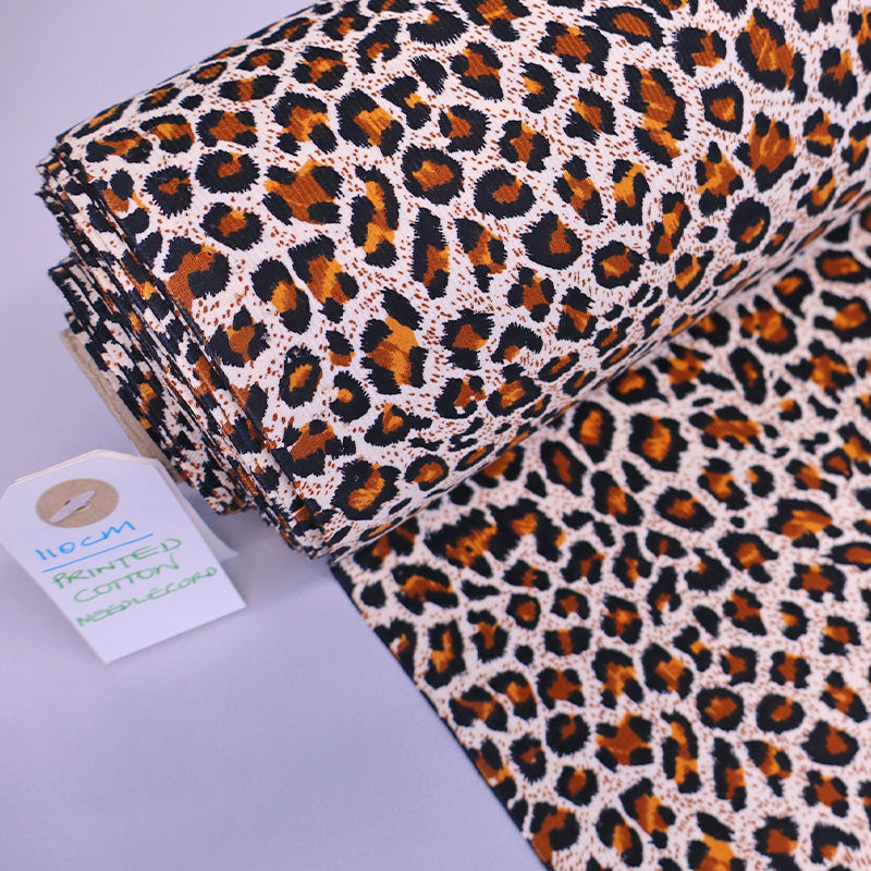 100% Cotton Leopard Print Needlecord Fabric - Orange