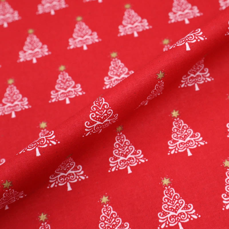 Red Christmas Cotton Fabric - Gold Swirl Trees